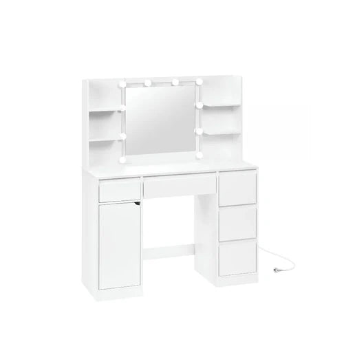 WOLTU White Dressing Table with adjustable mirror lighting, sleek modern design, and organized storage drawers.