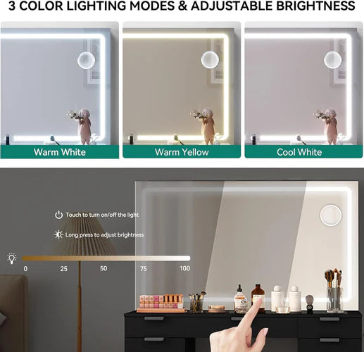 Comparison of LumiLuxe Vanity and other makeup vanities in a modern bedroom setting, highlighting lighting and design differences.