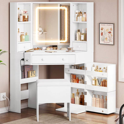 Corner Vanity with Lights and Charging Station